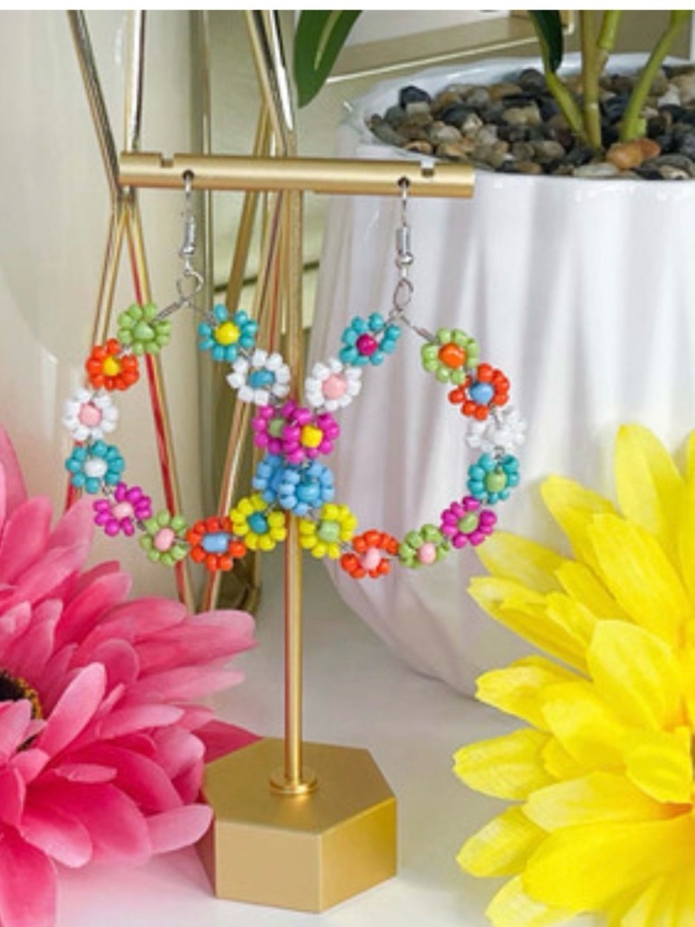 Colorful Beaded Flower Hoop Earrings Great with all your spring and summer